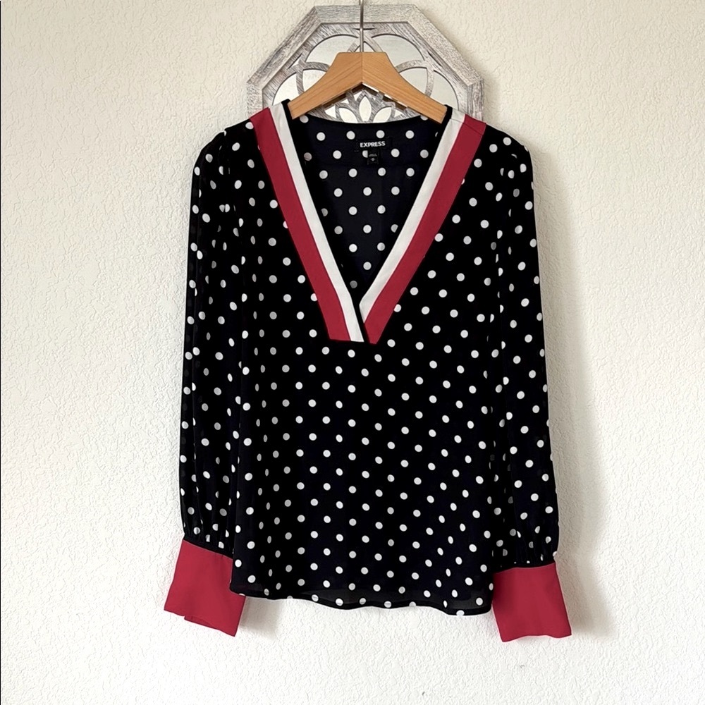 Express • Black Polka Dot V-Neck Blouse Red White Trim Long Sleeve
